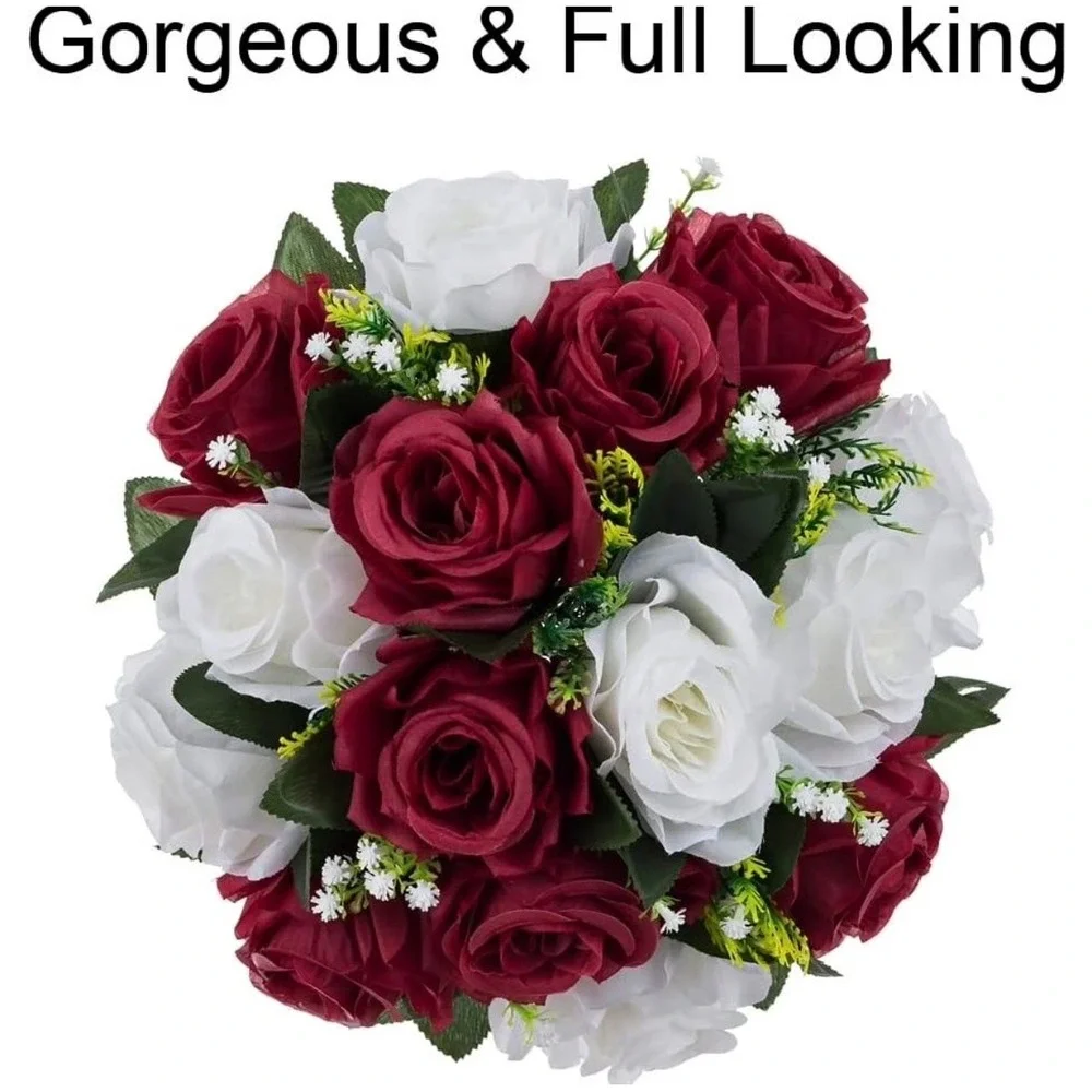 6 Pack Burgundy White Artificial Rose Flower Ball Wedding Centerpiece 10in Silk